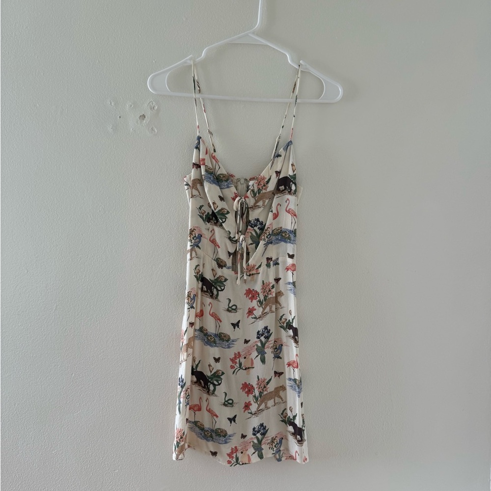 Reformation Cream Dress with Floral and Animal Patterns